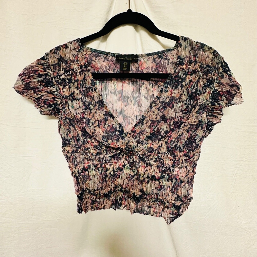 House of Harlow 1960 Top Cropped Sheer See Thru V-neck‎ Small Metallic Design